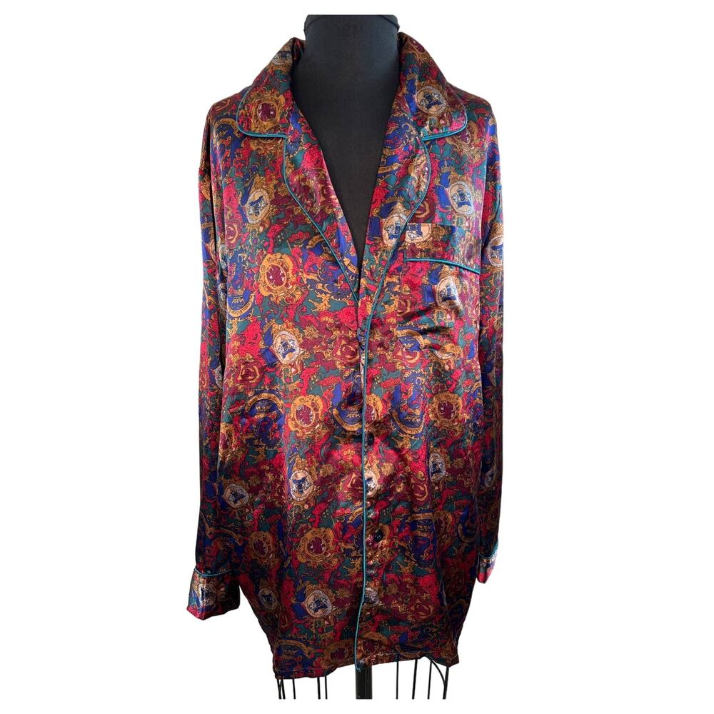 VINTAGE Number 1 London Victoria's Secret Print Satin Button Blouse Sz L NEW VTG